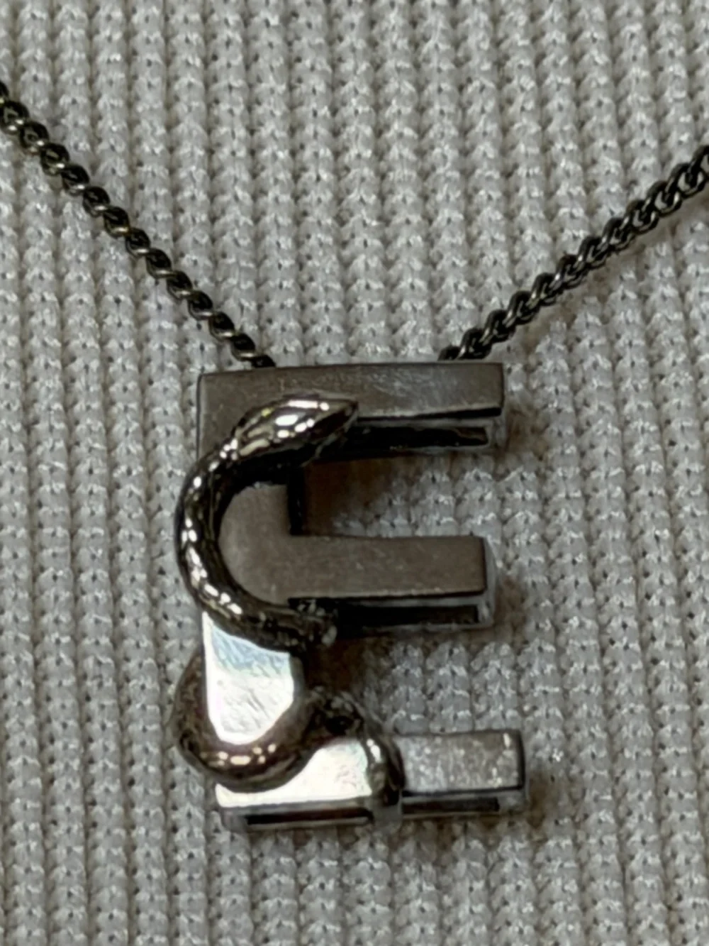 Saint Laurent YSL Sterling Silver E Initial Letter Snake Pendant Chain Necklace